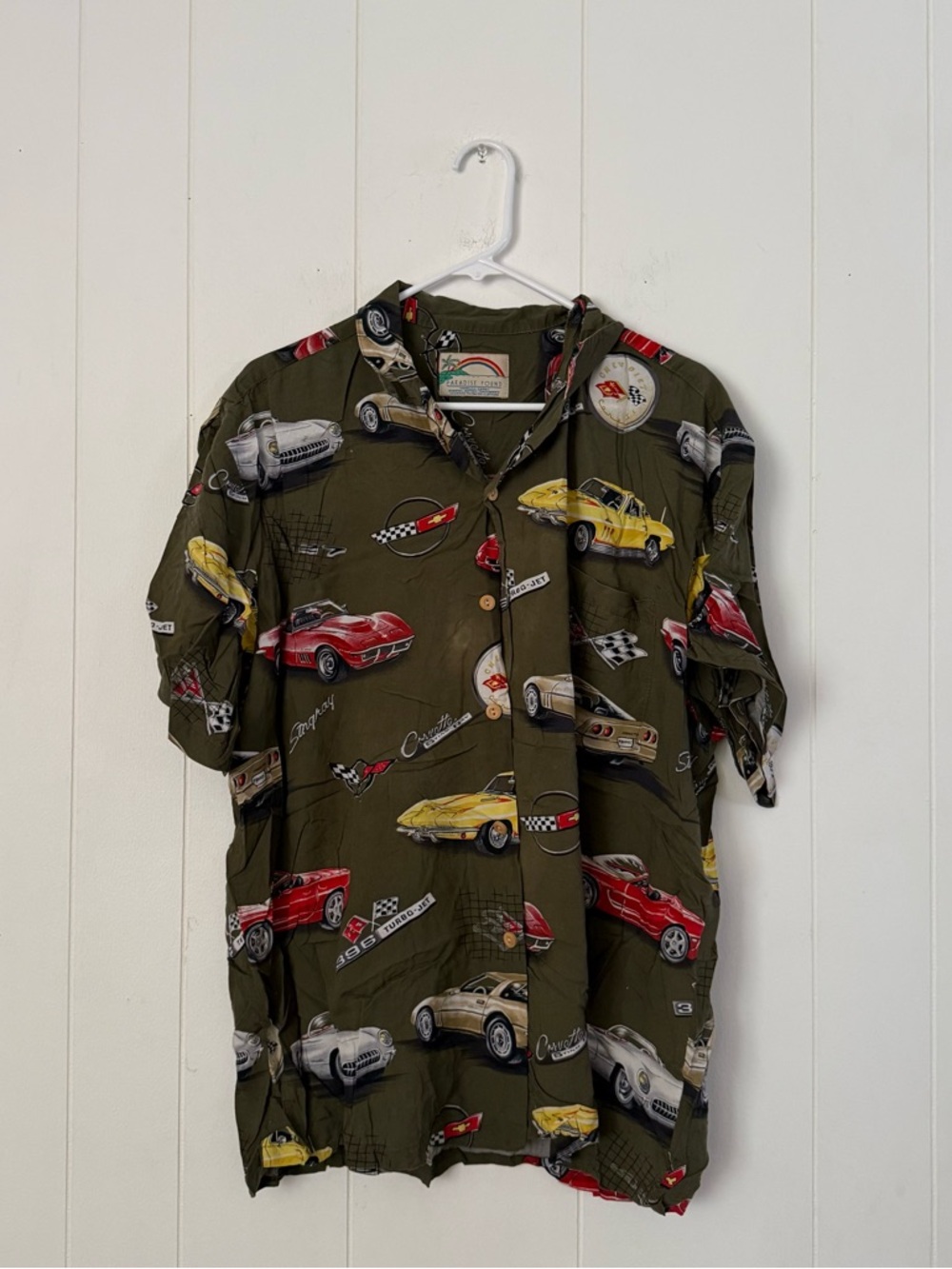 Paradise Found Vintage Olive Green Car Print Short-Sleeve Casual Shirt